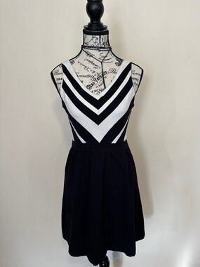 Black & White V-Neck Chevron Fit-and-Flare Dress 30” length
